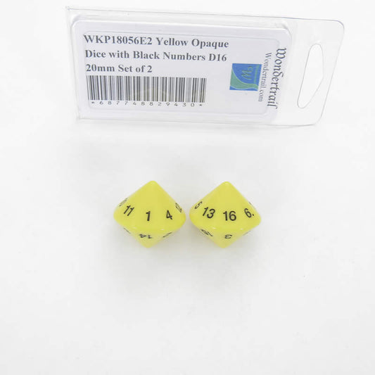 WKP18056E2 Yellow Opaque Dice with Black Numbers D16 20mm Set of 2 Main Image