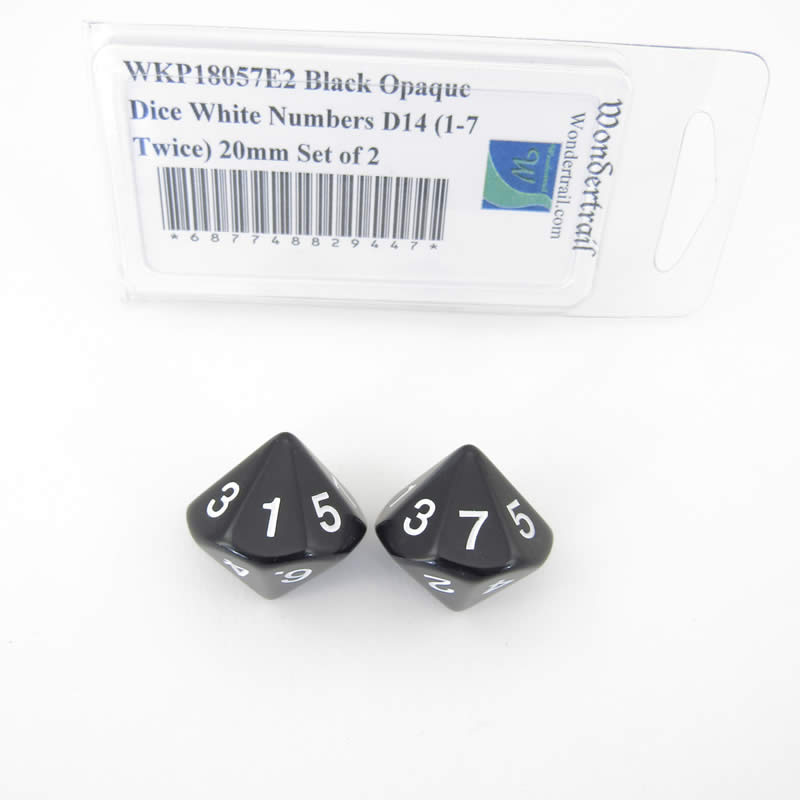 WKP18057E2 Black Opaque Dice White Numbers D14 (1-7 Twice) 20mm Set of 2 Main Image