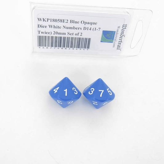 WKP18058E2 Blue Opaque Dice White Numbers D14 (1-7 Twice) 20mm Set of 2 Main Image