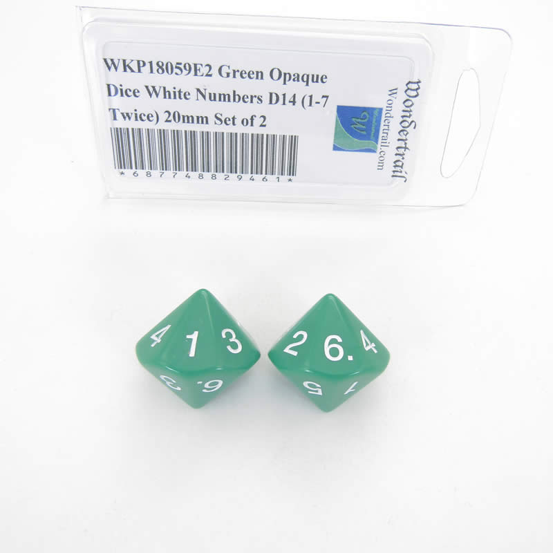 WKP18059E2 Green Opaque Dice White Numbers D14 (1-7 Twice) 20mm Set of 2 Main Image