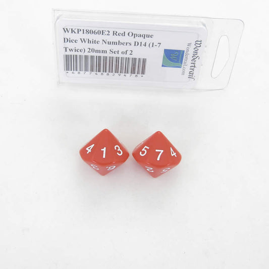 WKP18060E2 Red Opaque Dice White Numbers D14 (1-7 Twice) 20mm Set of 2 Main Image