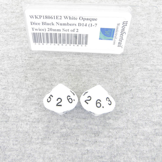 WKP18061E2 White Opaque Dice Black Numbers D14 (1-7 Twice) 20mm Set of 2 Main Image