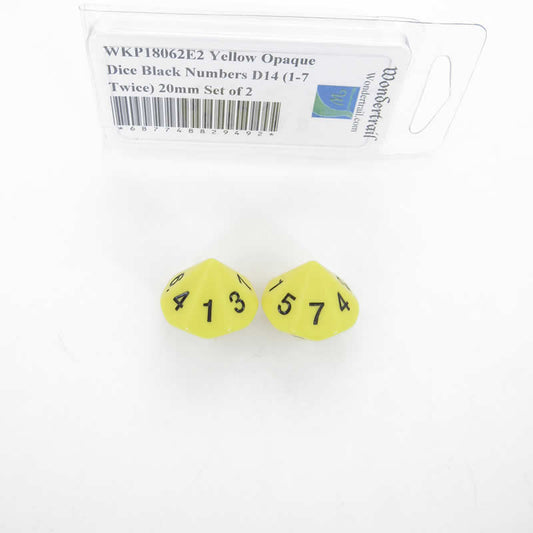 WKP18062E2 Yellow Opaque Dice Black Numbers D14 (1-7 Twice) 20mm Set of 2 Main Image