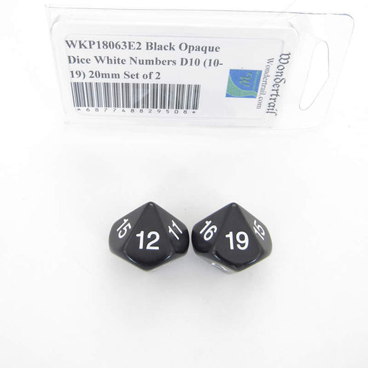 WKP18063E2 Black Opaque Dice White Numbers D10 (10-19) 20mm Set of 2 Main Image
