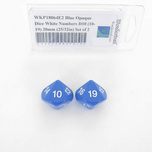 WKP18064E2 Blue Opaque Dice White Numbers D10 (10-19) 20mm (25/32in) Set of 2 Main Image
