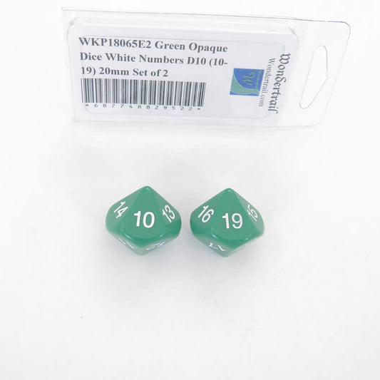 WKP18065E2 Green Opaque Dice White Numbers D10 (10-19) 20mm Set of 2 Main Image