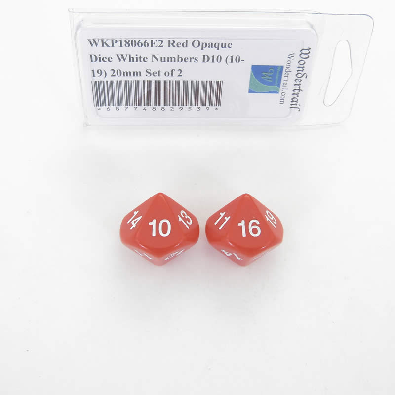 WKP18066E2 Red Opaque Dice White Numbers D10 (10-19) 20mm Set of 2 Main Image