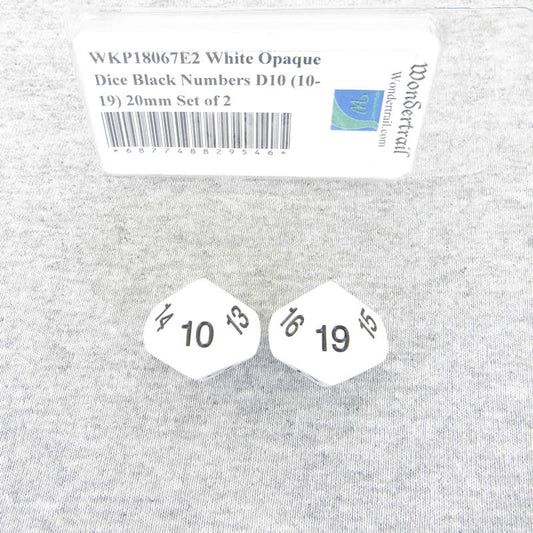 WKP18067E2 White Opaque Dice Black Numbers D10 (10-19) 20mm Set of 2 Main Image