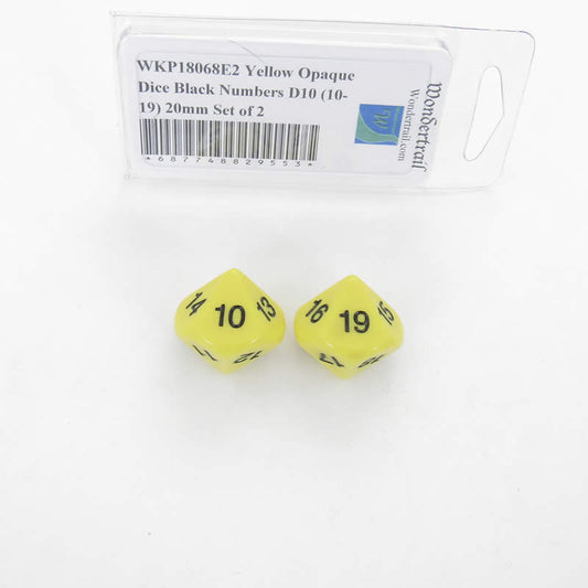 WKP18068E2 Yellow Opaque Dice Black Numbers D10 (10-19) 20mm Set of 2 Main Image