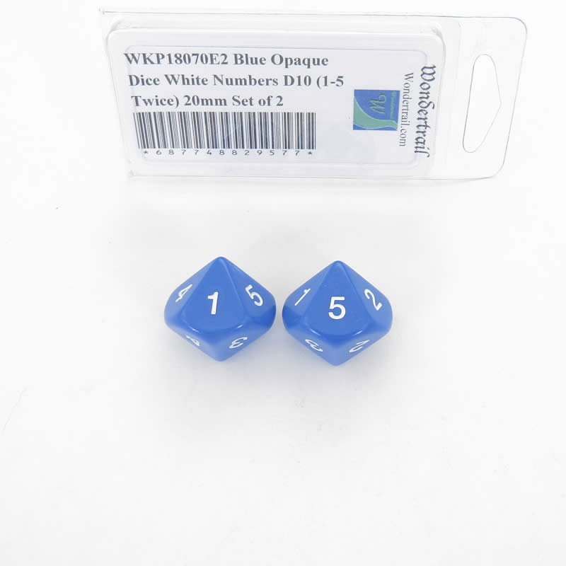 WKP18070E2 Blue Opaque Dice White Numbers D10 (1-5 Twice) 20mm Set of 2 Main Image