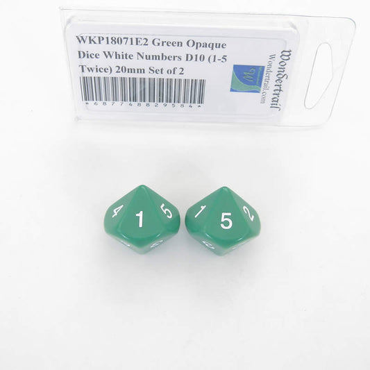 WKP18071E2 Green Opaque Dice White Numbers D10 (1-5 Twice) 20mm Set of 2 Main Image