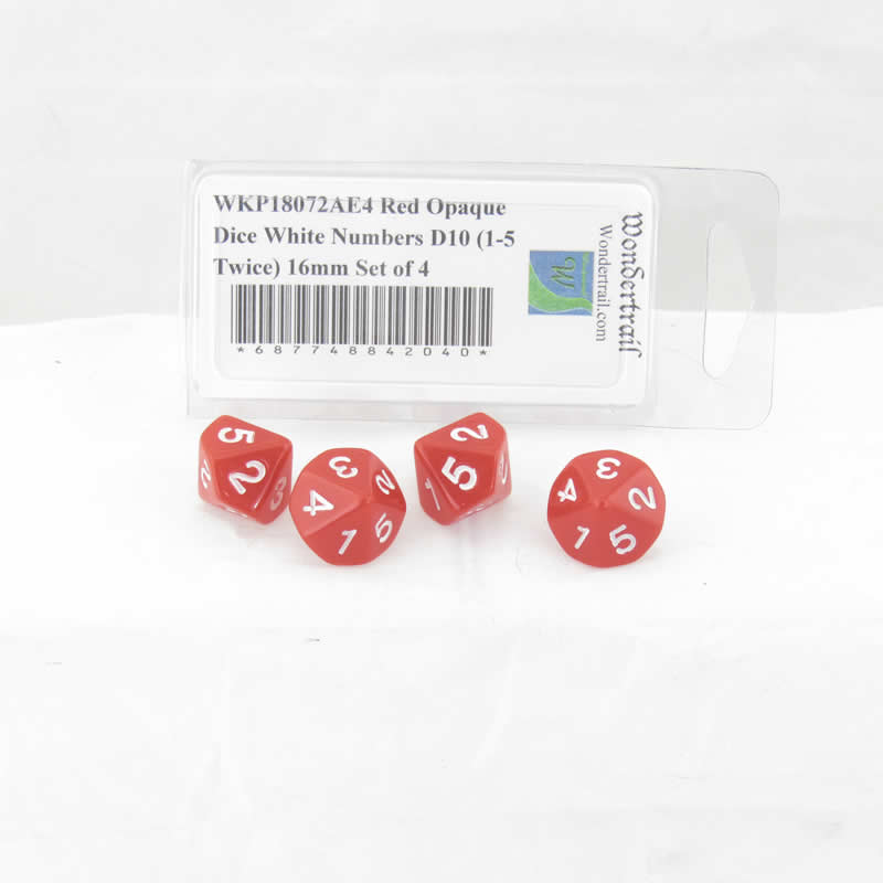 WKP18072AE4 Red Opaque Dice White Numbers D10 (1-5 Twice) 16mm Set of 4 Main Image