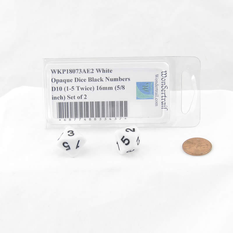 WKP18073AE2 White Opaque Dice Black Numbers D10 (1-5 Twice) 16mm (5/8 inch) Set of 2 Main Image