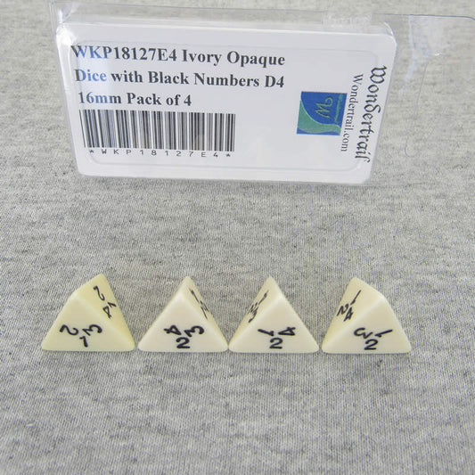 WKP18127E4 Ivory Opaque Dice with Black Numbers D4 16mm Pack of 4 Main Image