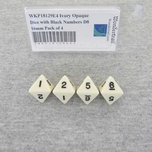 WKP18129E4 Ivory Opaque Dice with Black Numbers D8 16mm Pack of 4 Main Image