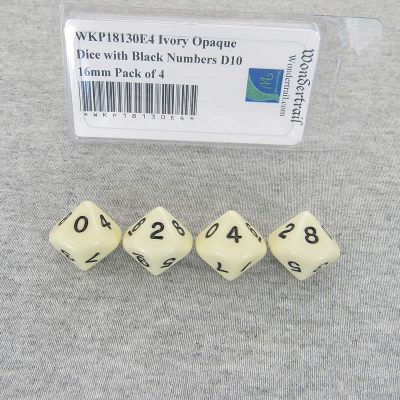 WKP18130E4 Ivory Opaque Dice with Black Numbers D10 16mm Pack of 4 Main Image