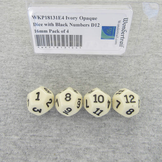 WKP18131E4 Ivory Opaque Dice with Black Numbers D12 16mm Pack of 4 Main Image