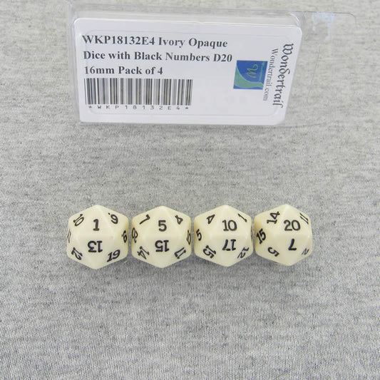 WKP18132E4 Ivory Opaque Dice with Black Numbers D20 16mm Pack of 4 Main Image