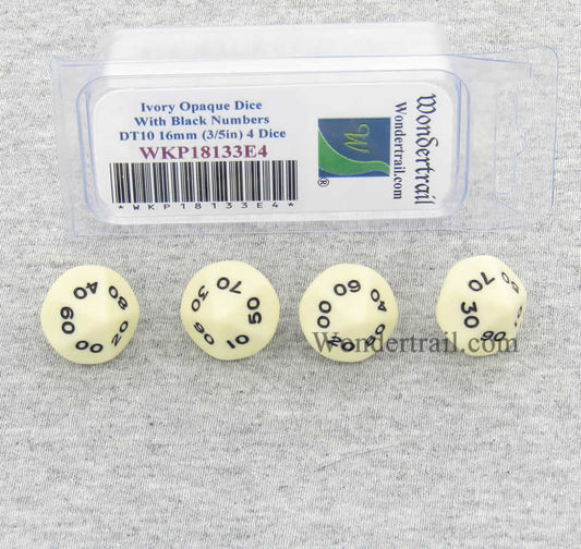 WKP18133E4 Ivory Opaque Dice With Black Numbers DT10 16mm Pack of 4 Main Image