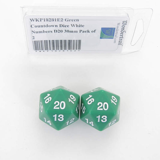 WKP18281E2 Green Countdown Dice White Numbers D20 30mm Pack of 2 Main Image
