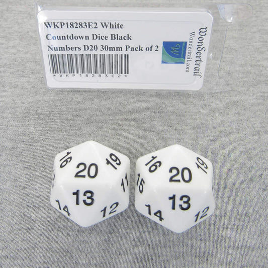 WKP18283E2 White Countdown Dice Black Numbers D20 30mm Pack of 2 Main Image