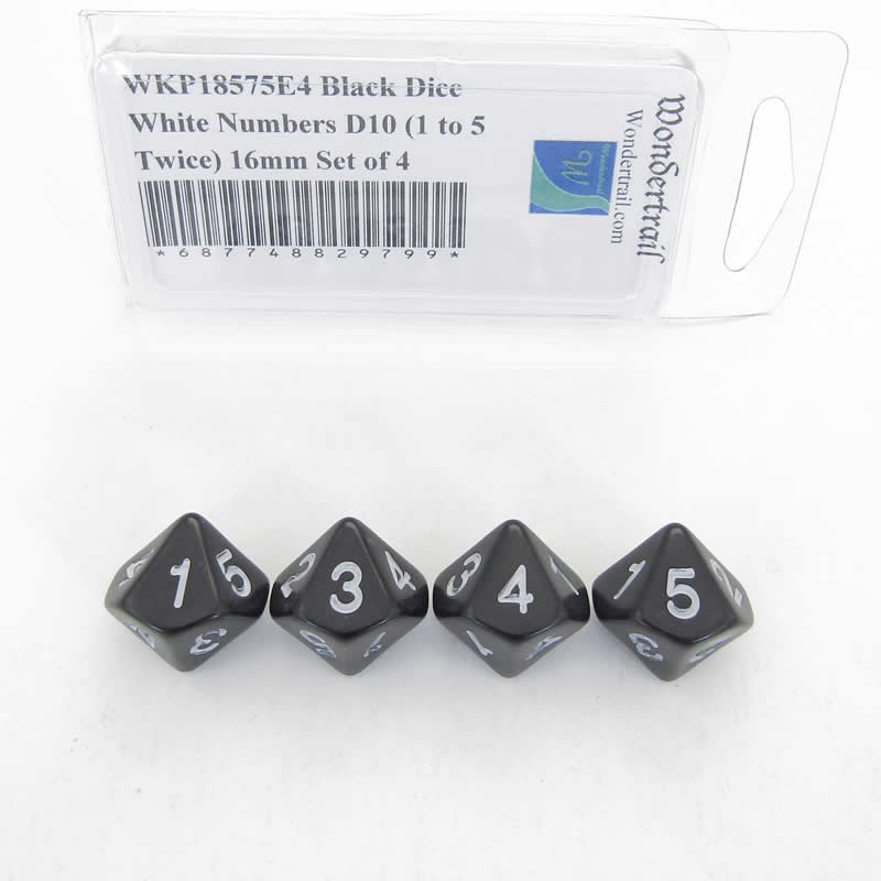 WKP18575E4 Black Dice White Numbers D10 (1 to 5 Twice) 16mm Set of 4 Main Image