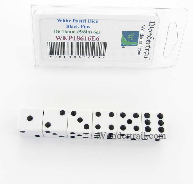 WKP18616E6 White Pastel Dice D6 with Black Pips 16mm (5/8in) Pack of 6 Main Image