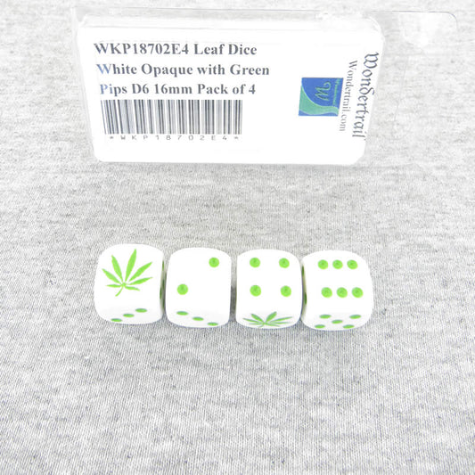 WKP18702E4 Leaf Dice White Opaque with Green Pips D6 16mm Pack of 4 Main Image