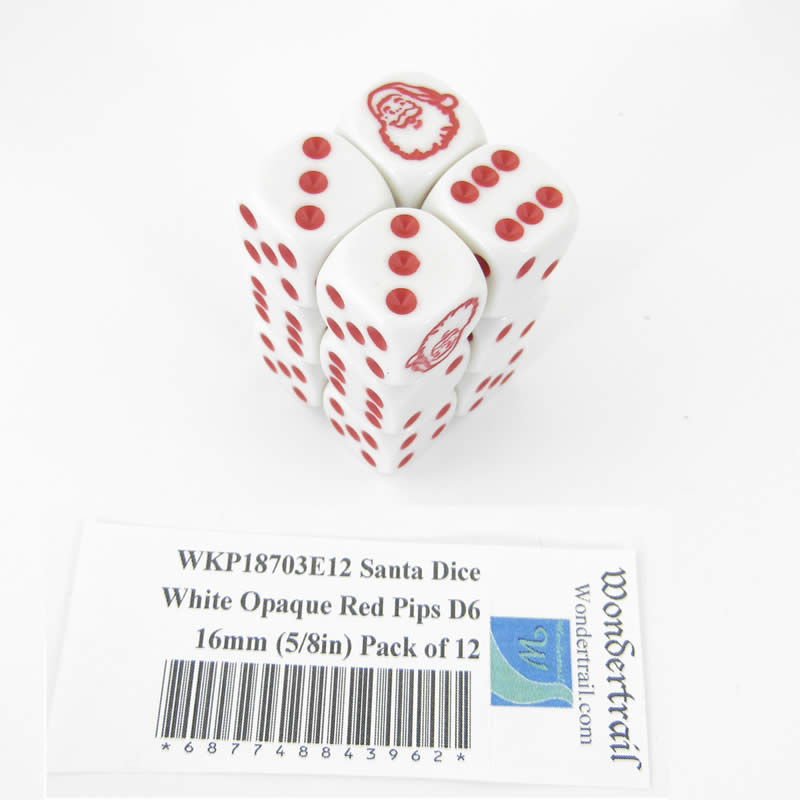 WKP18703E12 Santa Dice White Opaque Red Pips D6 16mm (5/8in) Pack of 12 Main Image