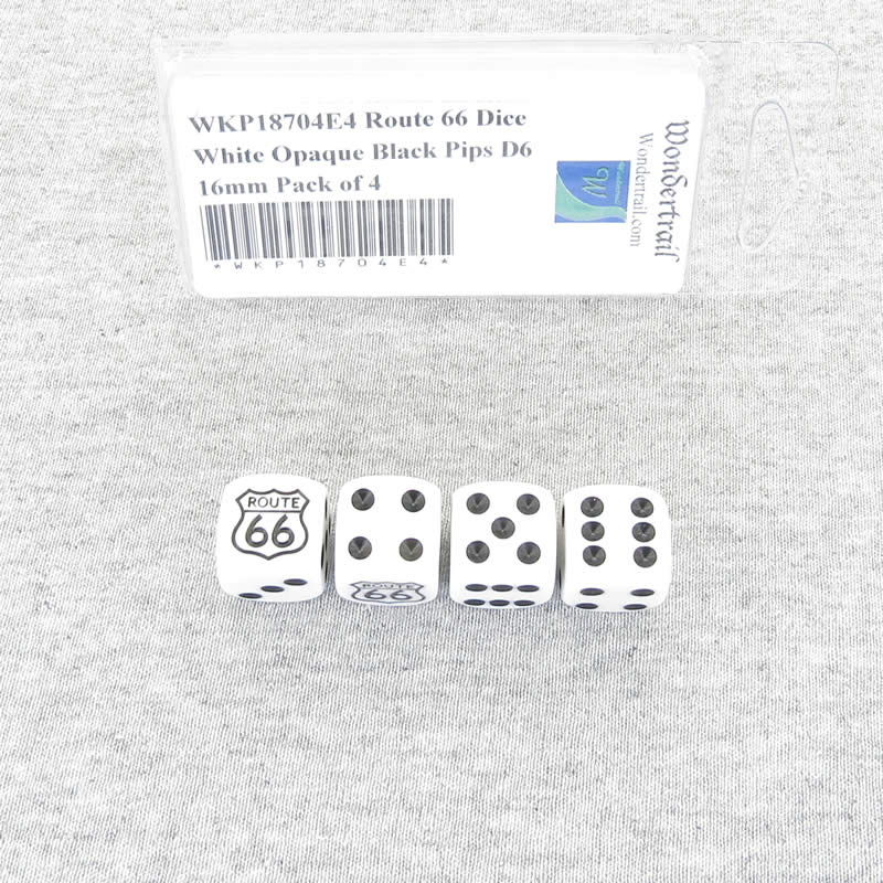 WKP18704E4 Route 66 Dice White Opaque Black Pips D6 16mm Pack of 4 Main Image