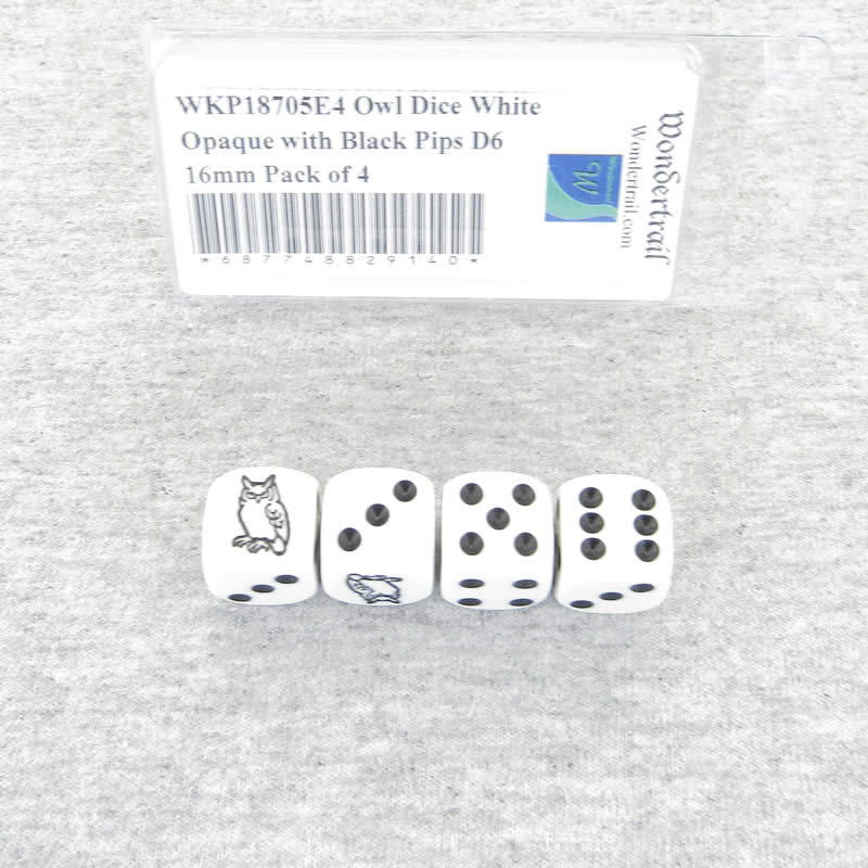 WKP18705E4 Owl Dice White Opaque with Black Pips D6 16mm Pack of 4 Main Image