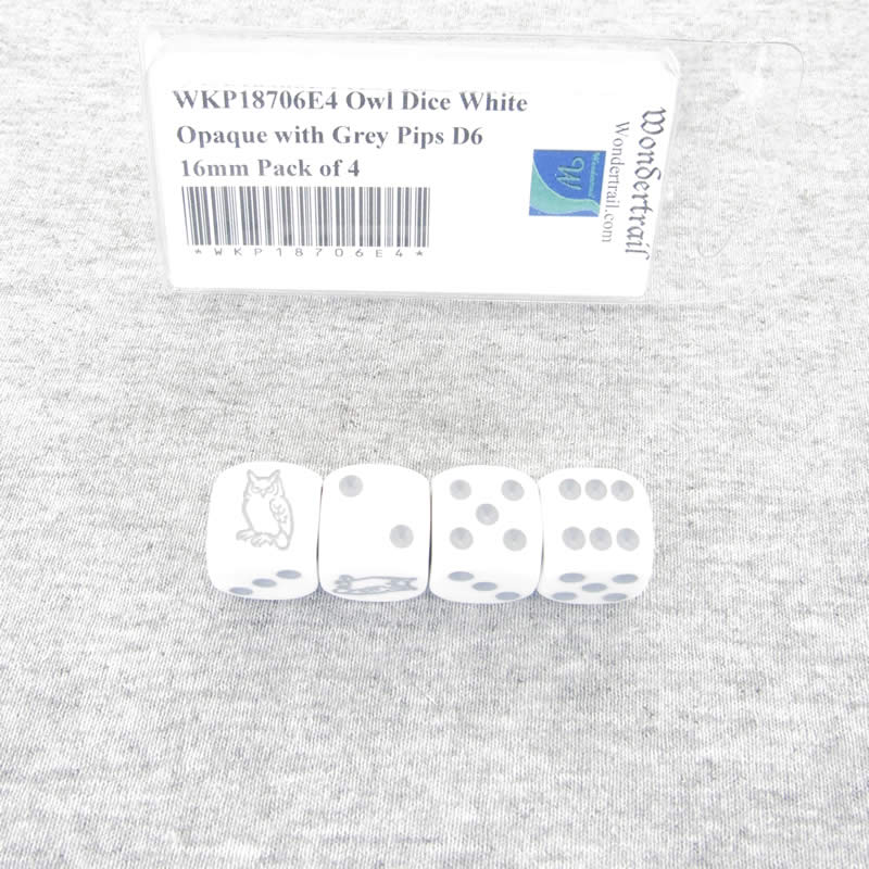 WKP18706E4 Owl Dice White Opaque with Grey Pips D6 16mm Pack of 4 Main Image