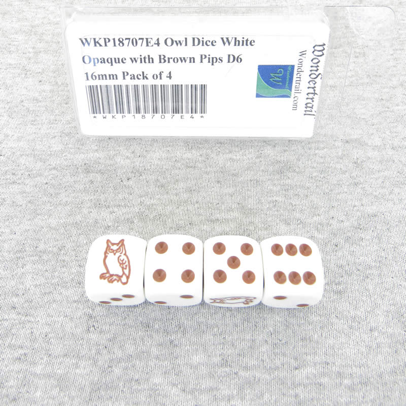 WKP18707E4 Owl Dice White Opaque with Brown Pips D6 16mm Pack of 4 Main Image