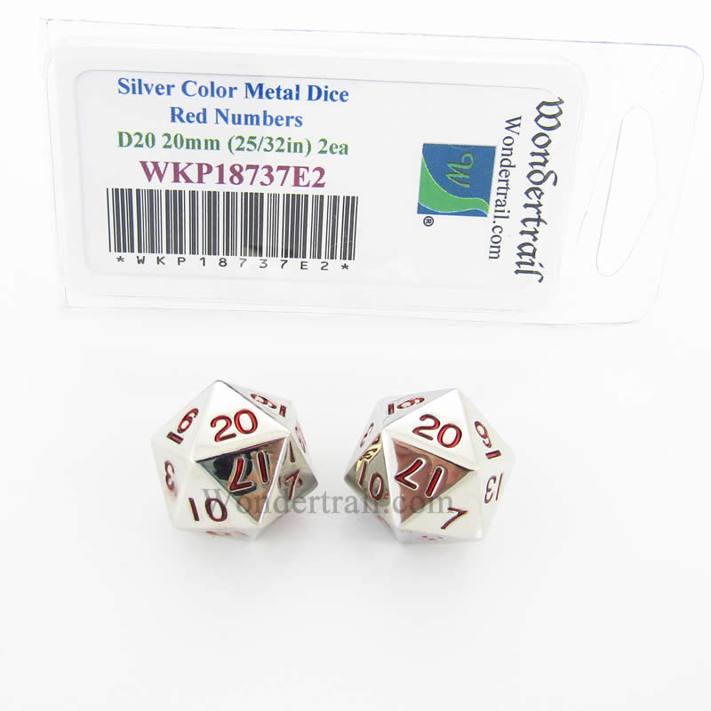 WKP18737E2 Metal Dice D20 Silver With Red Numbers 20mm (25/32in) Pack of 2 Main Image