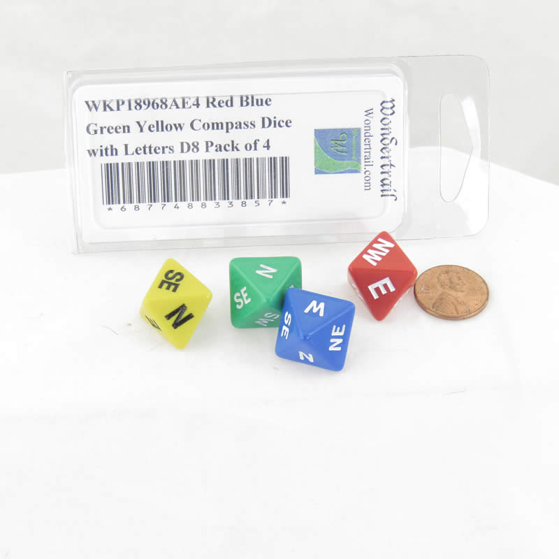 WKP18968AE4 Red Blue Green Yellow Compass Dice with Markings D8 16mm (5/8in) Pack of 4 2nd Image