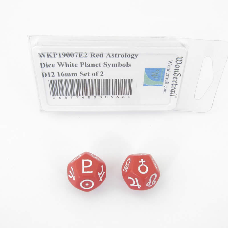 WKP19007E2 Red Astrology Dice White Planet Symbols D12 16mm Set of 2 Main Image