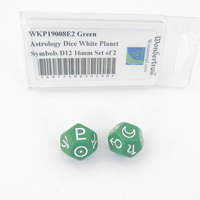 WKP19008E2 Green Astrology Dice White Planet Symbols D12 16mm Set of 2 Main Image