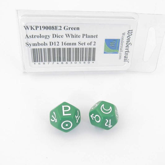 WKP19008E2 Green Astrology Dice White Planet Symbols D12 16mm Set of 2 Main Image