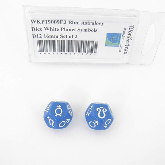 WKP19009E2 Blue Astrology Dice White Planet Symbols D12 16mm Set of 2 Main Image