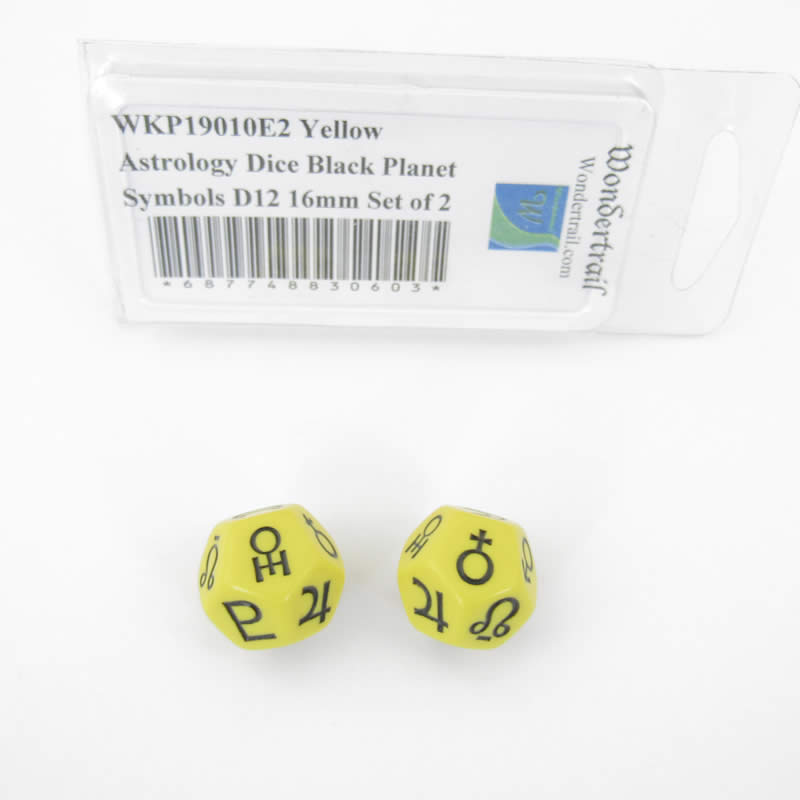 WKP19010E2 Yellow Astrology Dice Black Planet Symbols D12 16mm Set of 2 Main Image