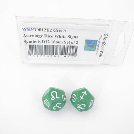WKP19012E2 Green Astrology Dice White Signs Symbols D12 16mm Set of 2 Main Image
