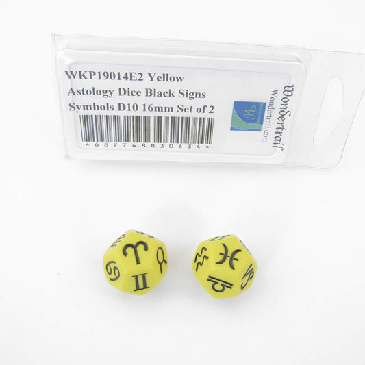 WKP19014E2 Yellow Astrology Dice Black Signs Symbols D12 16mm Set of 2 Main Image