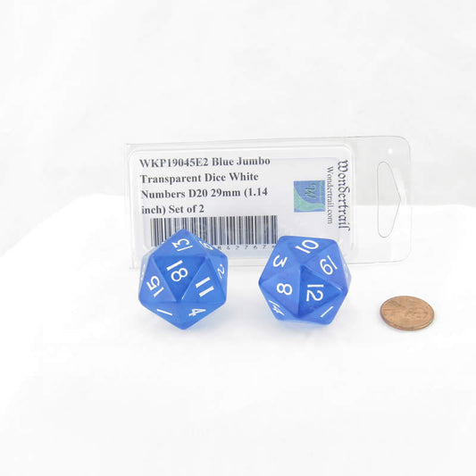 WKP19045E2 Blue Jumbo Transparent Dice White Numbers D20 29mm (1.14 inch) Set of 2 Main Image