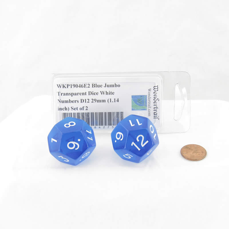 WKP19046E2 Blue Jumbo Transparent Dice White Numbers D12 29mm (1.14 inch) Set of 2 Main Image