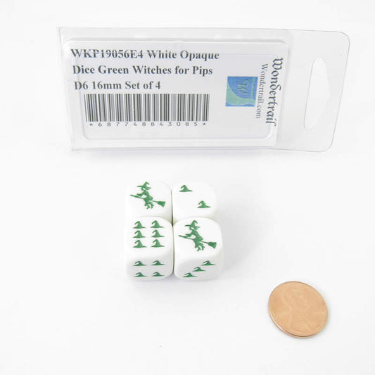WKP19056E4 White Opaque Dice Green Witch Hats for Pips D6 16mm Set of 4 Main Image