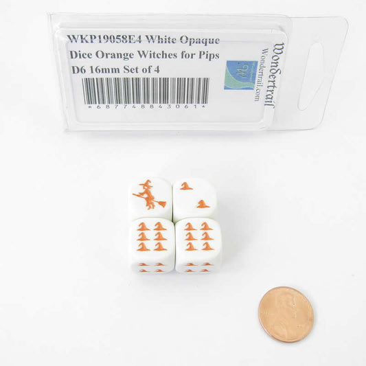 WKP19058E4 White Opaque Dice Orange Witch Hats for Pips D6 16mm Set of 4 Main Image
