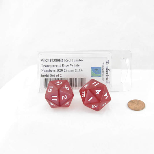 WKP19380E2 Red Jumbo Transparent Dice White Numbers D20 29mm (1.14 inch) Set of 2 Main Image