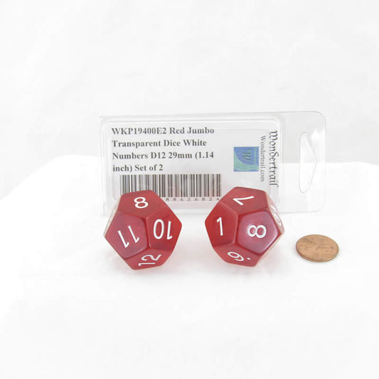 WKP19400E2 Red Jumbo Transparent Dice White Numbers D12 29mm (1.14 inch) Set of 2 Main Image