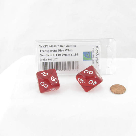 WKP19401E2 Red Jumbo Transparent Dice White Numbers DT10 29mm (1.14 inch) Set of 2 Main Image