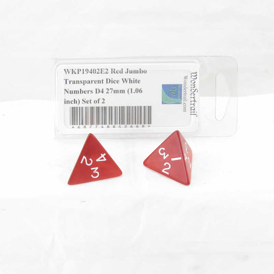 WKP19402E2 Red Jumbo Transparent Dice White Numbers D4 27mm (1.06 inch) Set of 2 Main Image